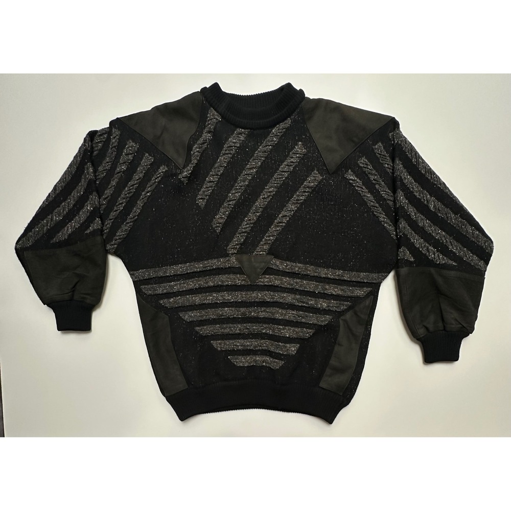 Torras Vintage Men Black Wool Leather Trim Knit Sweater Made in Spain L XL READ